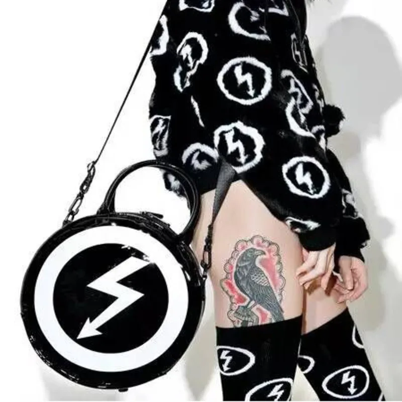 JIEROTYX Women Lady Girl Punk Dark Skull Head Thunder Flash Printed Gothic Cross Body MOON Messenger Bag Round Handbag Harajuku