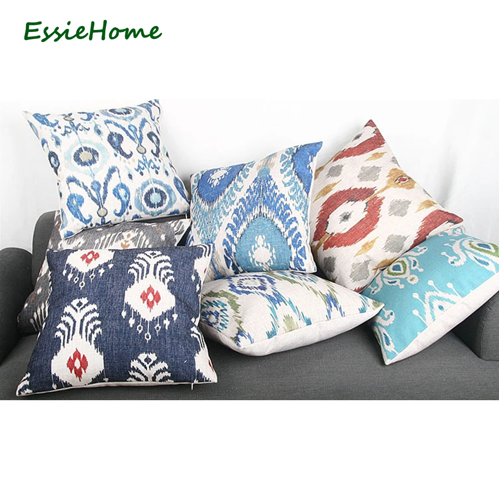 ESSIE HOME High-End Hand Print P Ikat Pattern Pillow Case Cushion Cover For Sofa Vintage Look Home Decoration Throw