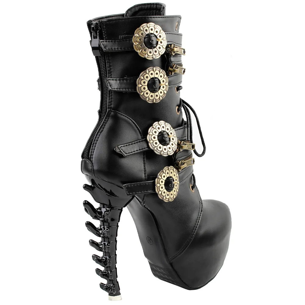 LF80651 Punk Design Zipper Women\'s High-top Bone High Heel Platform Ankle Boots Black