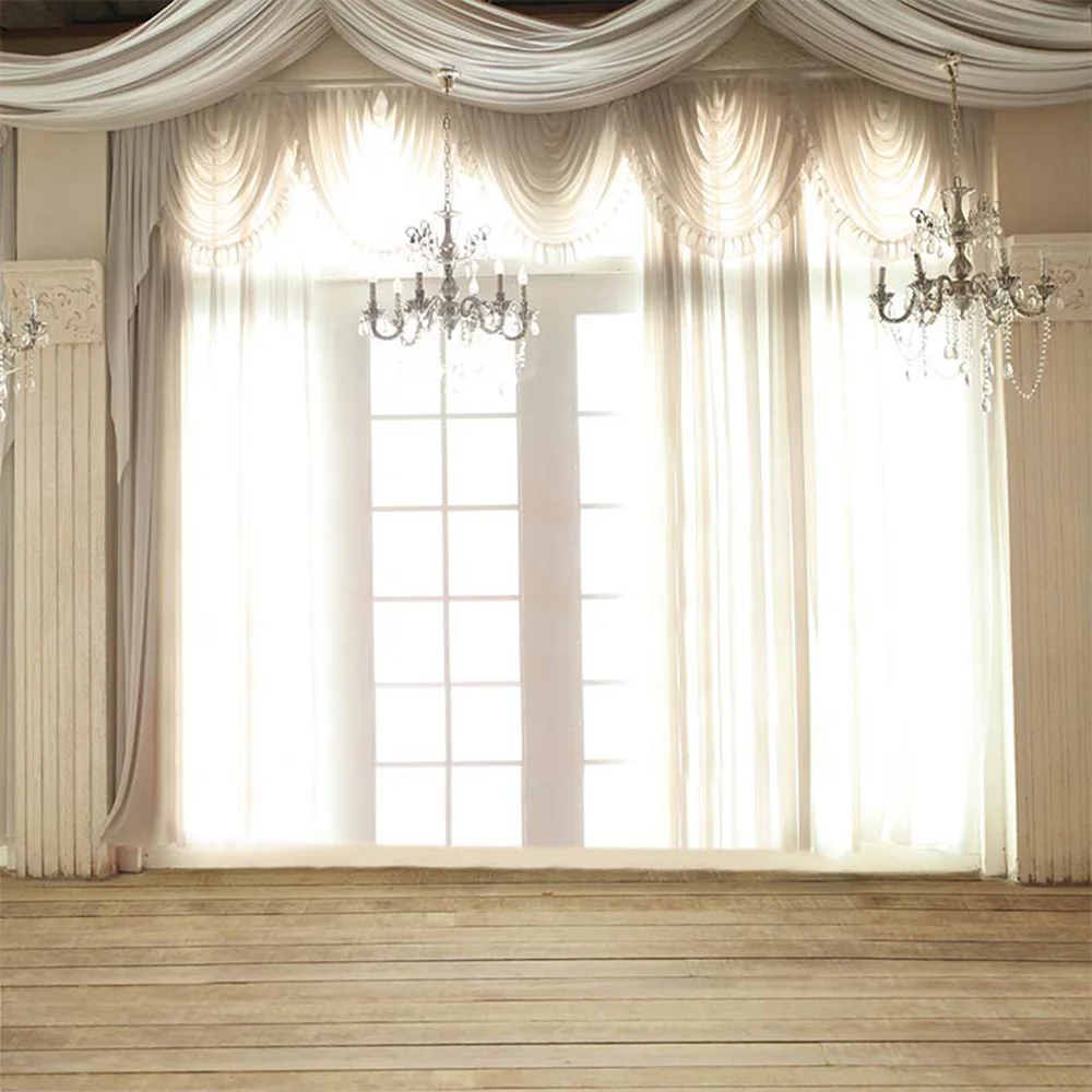 Bright Window Vinyl Wedding Background Photography Printed Curtains Crystal Chandeliers Retro Photo Studio Backdrop Wooden Floor