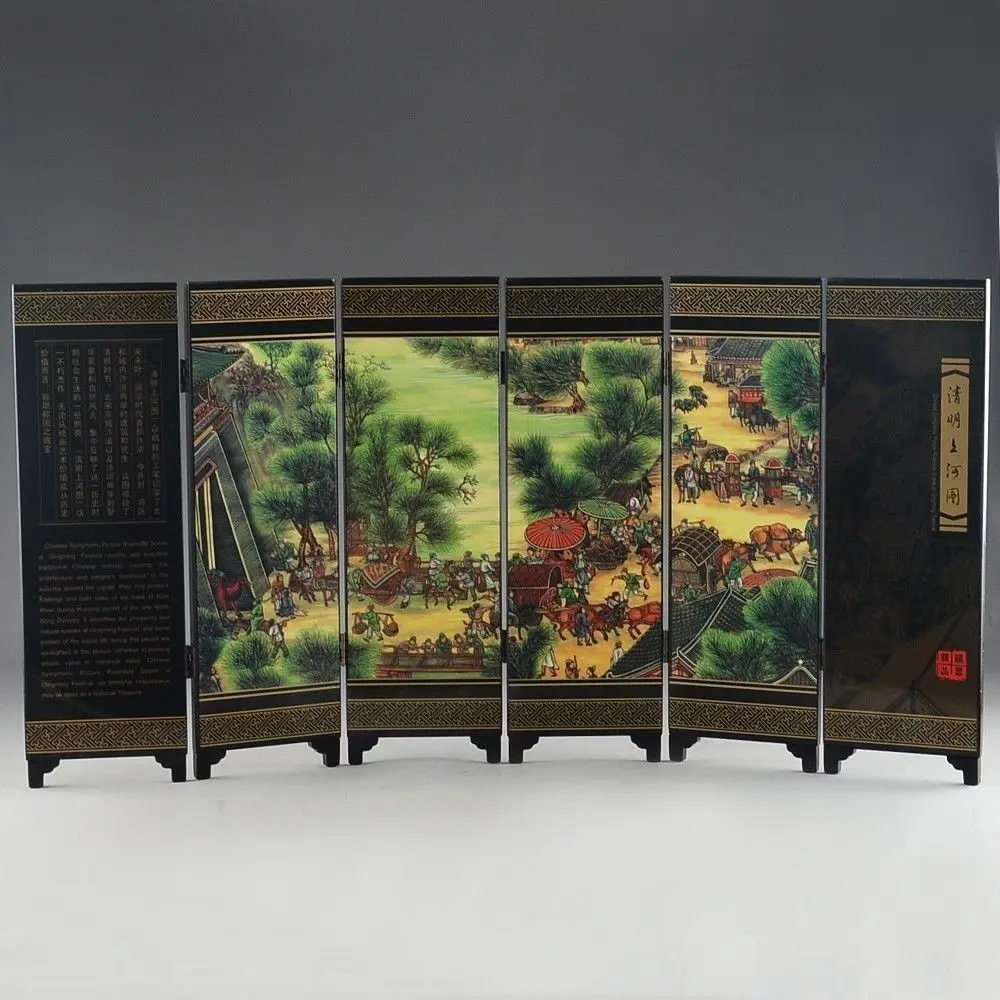 CHINESE LACQUER WARE HAND PAINTING QINGMING FESTIVAL HOME  folding screen DECOR