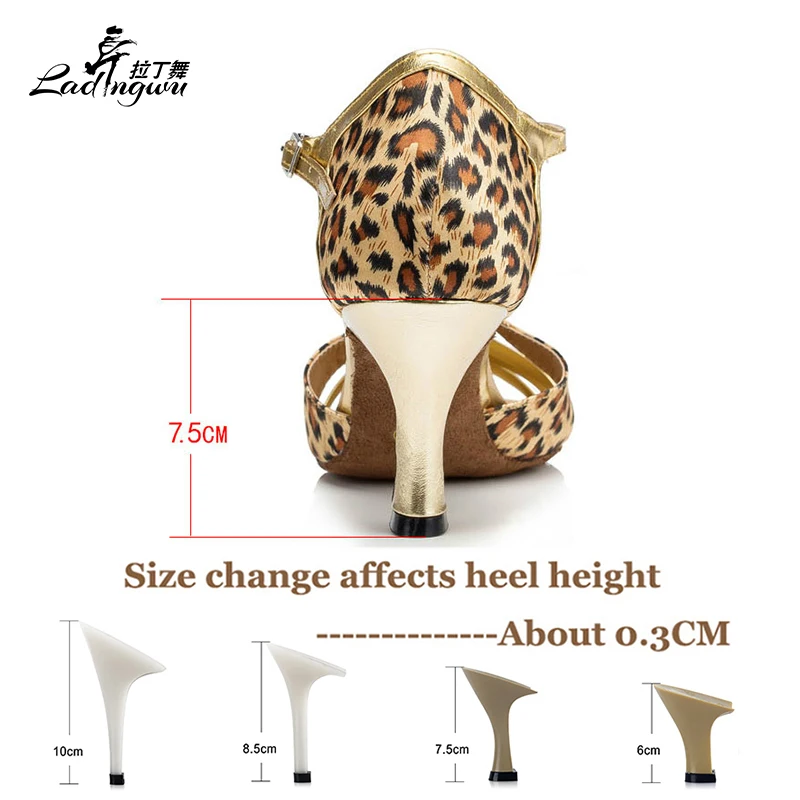 Ladingwu  Tiger texture Satin and Golden PU Latin Dance Shoes Women Satin Salsa Dance Shoes Soft Bottom sandals