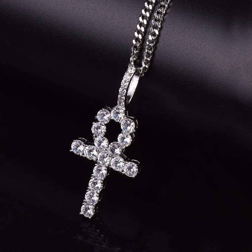 Bubble Letter Ankh Cross Necklace for Men Iced Pendant Gold Color Hip Hop Jewelry Prong Setting Cubic Zirconia