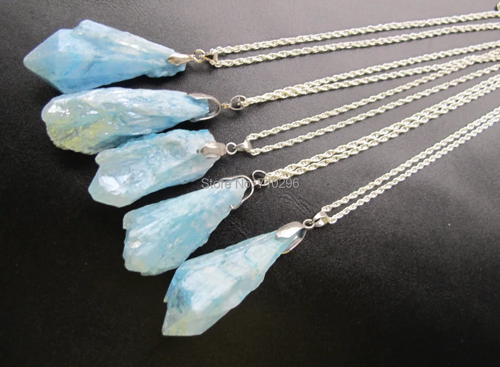 Worth Buying Natural Ocean Blue Quartz Point Necklace With Silvers chain 18