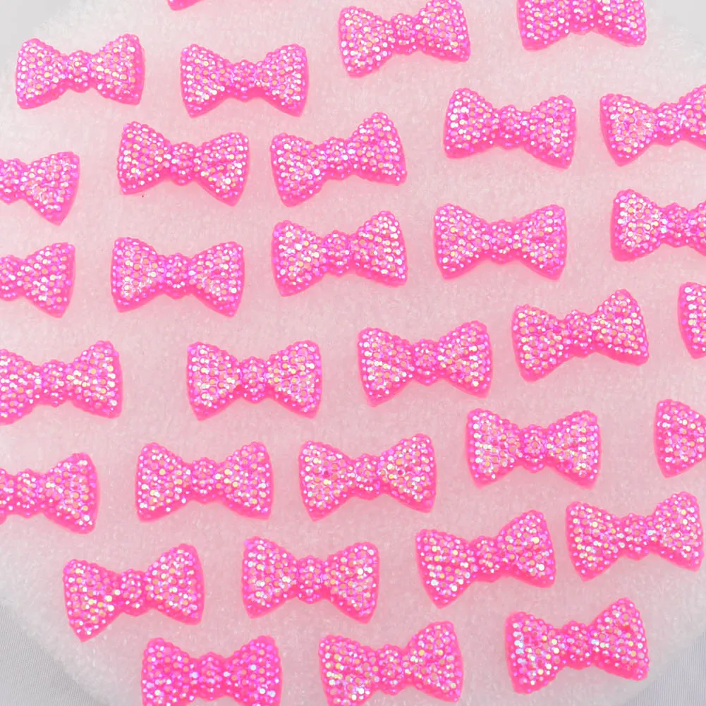 BOLIAO 20Pcs 12*20 mm (0.47*0.79 In) Hot Pink Bow Shape Resin AB Crystal Scrapbook Clothes Home Holiday Decoration No Hole