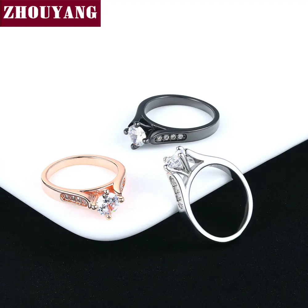 ZHOUYANG Engagement Wedding Ring For Women Classic Prong Setting CZ  Rose Gold Color Fashion Jewelry Lover\'s Ring R064 R065