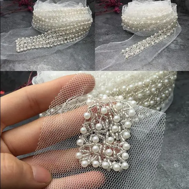 2Yards Fake Pearl Beaded Lace Trim Embroidered Lace Applique Mesh Fabric Beading Ribbons For Sewing Wedding Dress Accessories