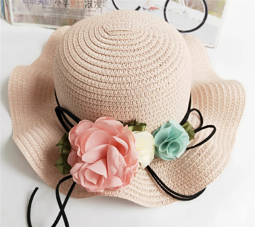 Summer Mommy & Me Beach flower Hat Simple Wavy large brimmed straw hat Fairy Floral Beach Hats Parent-child sunhat HT19016