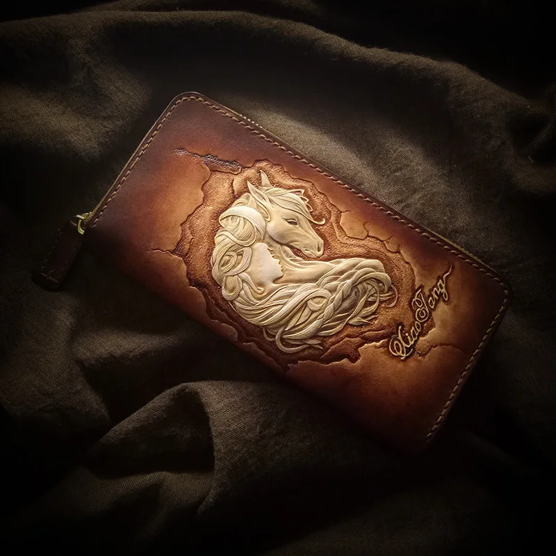 Handmade Wallets Original Design Carving Prince Charming Purses Women Long Clutch Vegetable Tanned Leather Wallet Gift