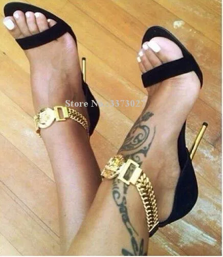 Black Suede Gold Ankle Chain Thin Heel Gladiator Sandals Ladies Stiletto Luxury Metal Heel Dress Sandals Fashion Party Heels