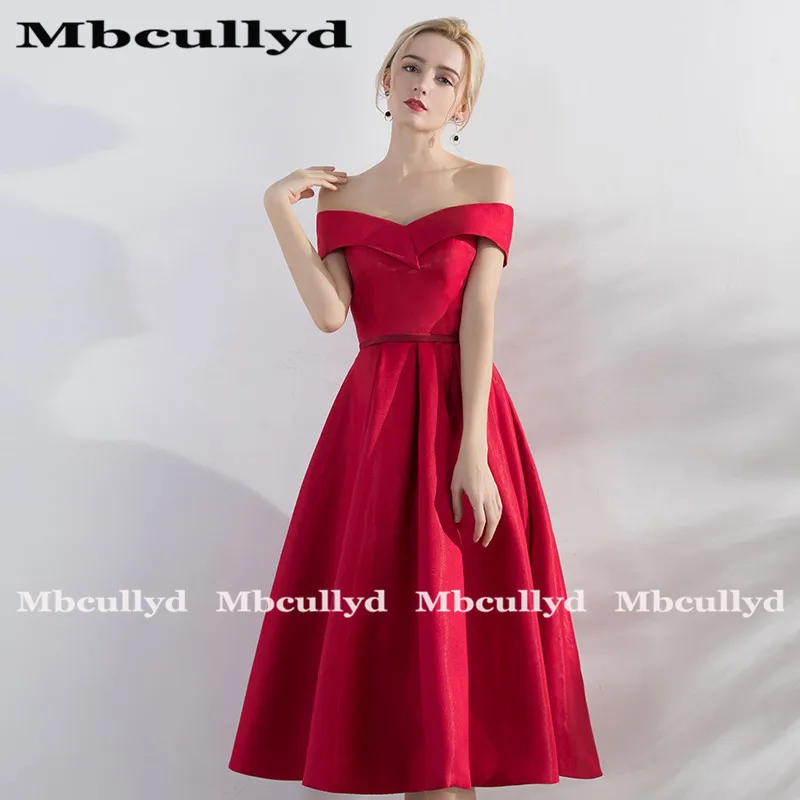 Mbcully-elegante vestido de fiesta rojo Simple para mujer, vestido Sexy de satén con hombros descubiertos para ocasión especial, vestido de gala, oferta barata, 2020