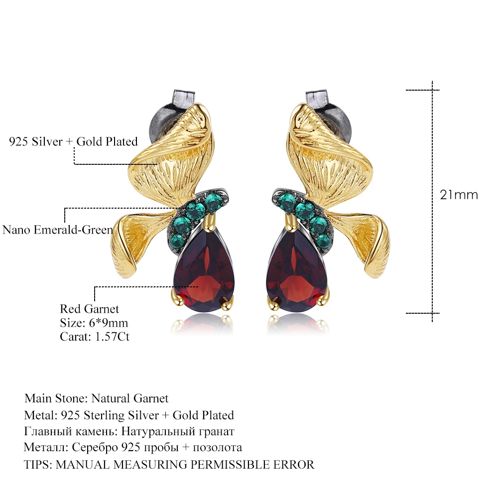 GEM'S BALLET 3.15Ct Cute Natural Garnet Gemstone Earrings 925 Sterling Silver Handmade Butterfly Stud Earrings for Women Jewelry