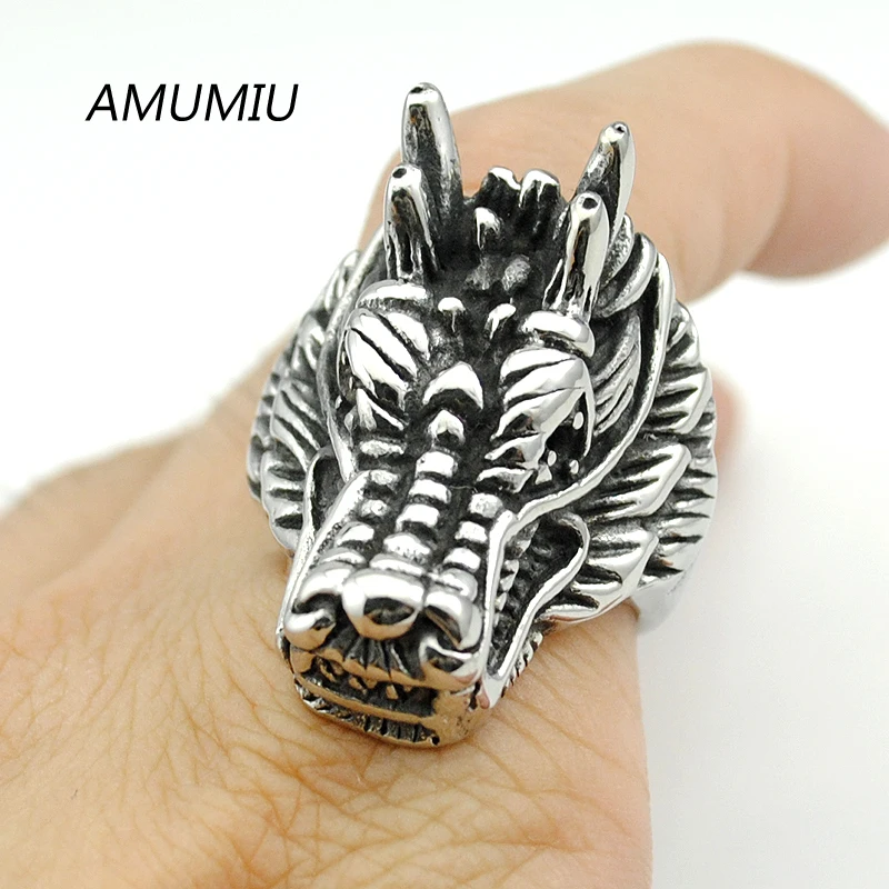 AMUMIU Fashion Stainless Chinese Style Dragon Fingers Animal Ring US 8/9/10/11/12/13 Lucky Jewelry For Men HZR045