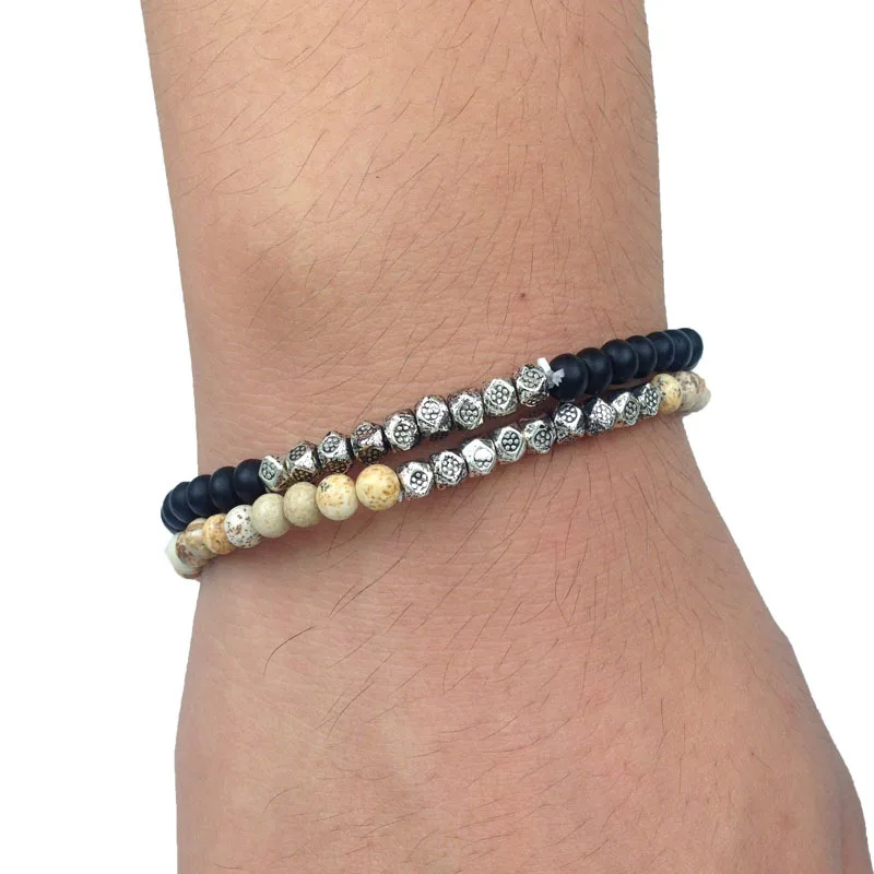 

SN0125 Trend Summer Bracelet Set 4mm Square Mala Bead Bracelet set For Men Black Onyx Picture Jasper Beads Stretch Bracelet