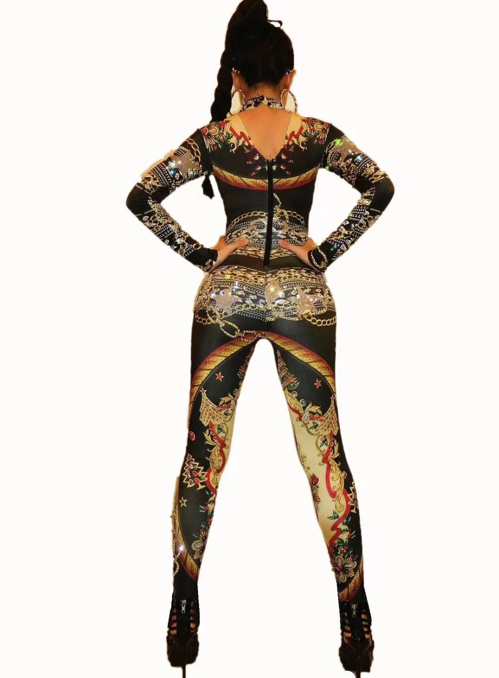 Glisten Rhinestones Pattern Printed Jumpsuit Women\'s Sexy Stretch Unique Bodysuit Costume Female Singer Dance Stage Wear