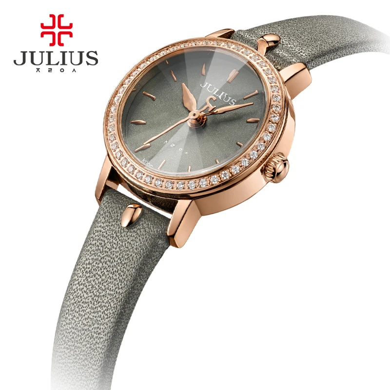 JULIUS 2017 Spring New Design Watch Zircon Diamond Ultra Slim Women's Elegant Gray Leather Montre Femme Erkek Kol Saati JA-966