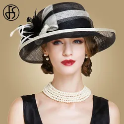 FS Black White Ladies Church Hats Women Elegant Sinamay Fascinators Hat Wedding Linen Fedora Wide Brim Floral Kentucky Derby Hat