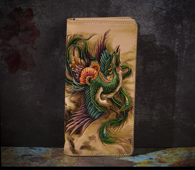 High-end Handmade Wallets Carving Phoenix Purses Men Long Clutch Vegetable Tanned Leather Wallet Card Holder