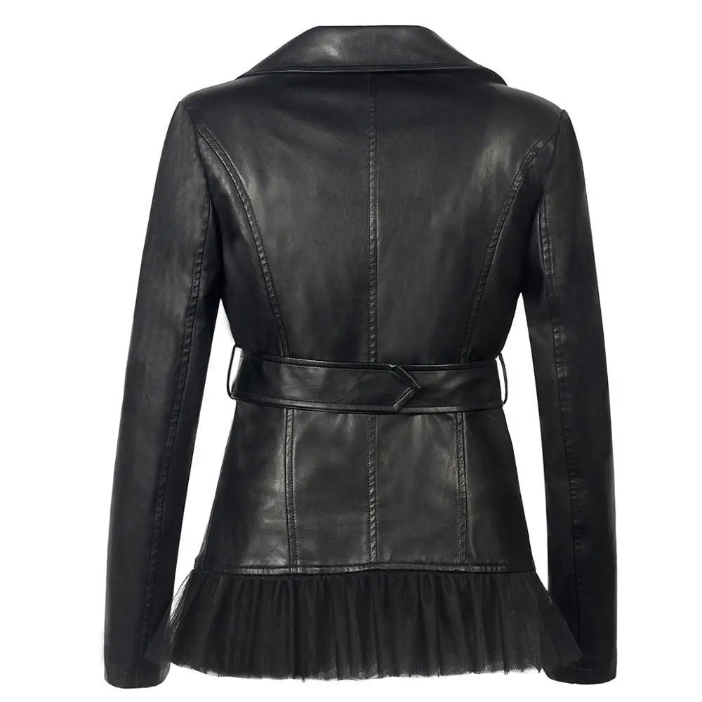 SX 2019 NEW Soft PU Faux leather Jacket Women Sashes Slim Lapel Lace zipping Beading Motocycle Coats