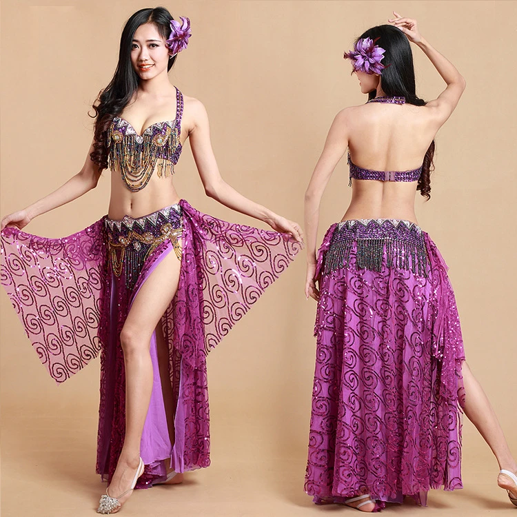 Ropa de baile para mujer, traje de estilo Oriental con cuentas, conjunto de traje de danza del vientre, sujetador, cinturón, falda larga con lentejuelas, 2019