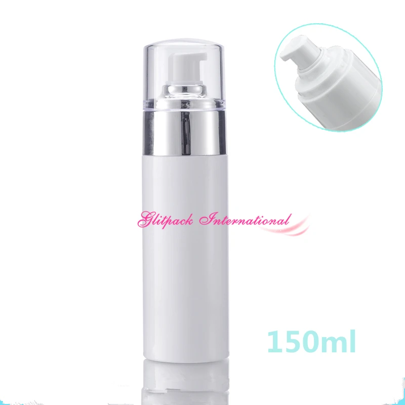 

20pcs 150ml white color cosmetic pump bottle silver treatment pump lotion cream thicken PET Plastic bottles with clear cover