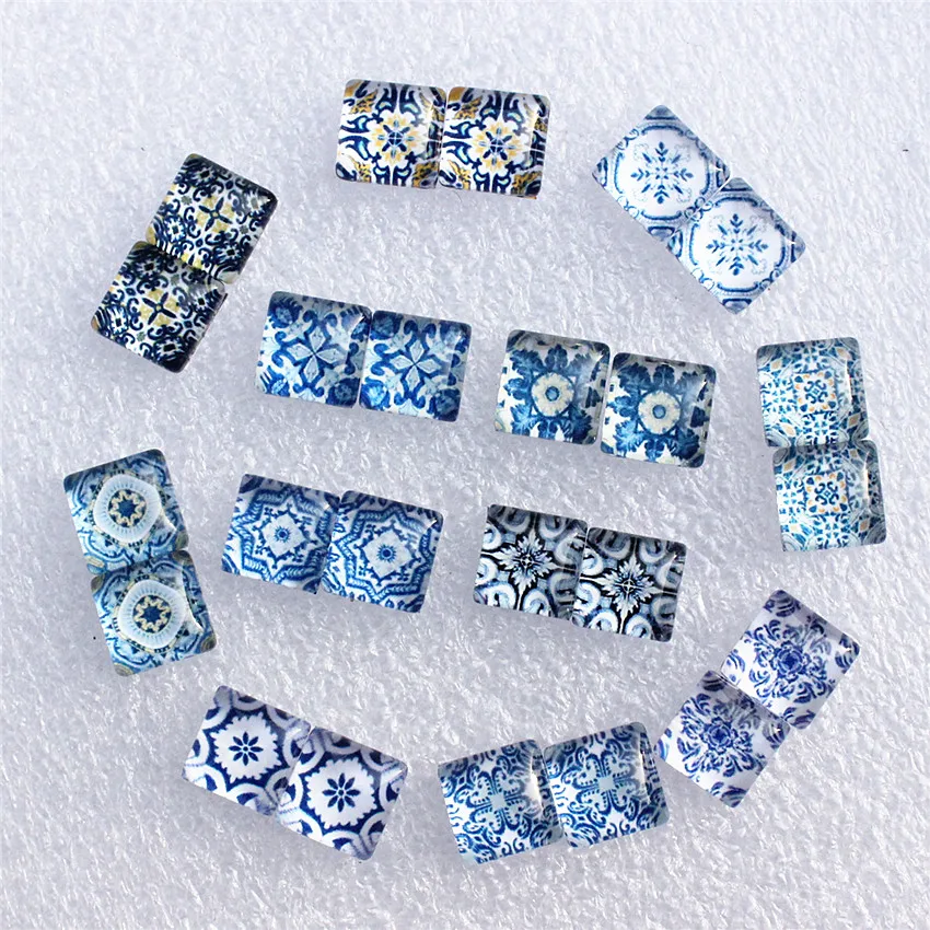 10mm Square Blue and white porcelain Mixed Style In Pairs Pattern Glass Cabochon Flatback Photo DIY Making Accessories 50pcs/lot