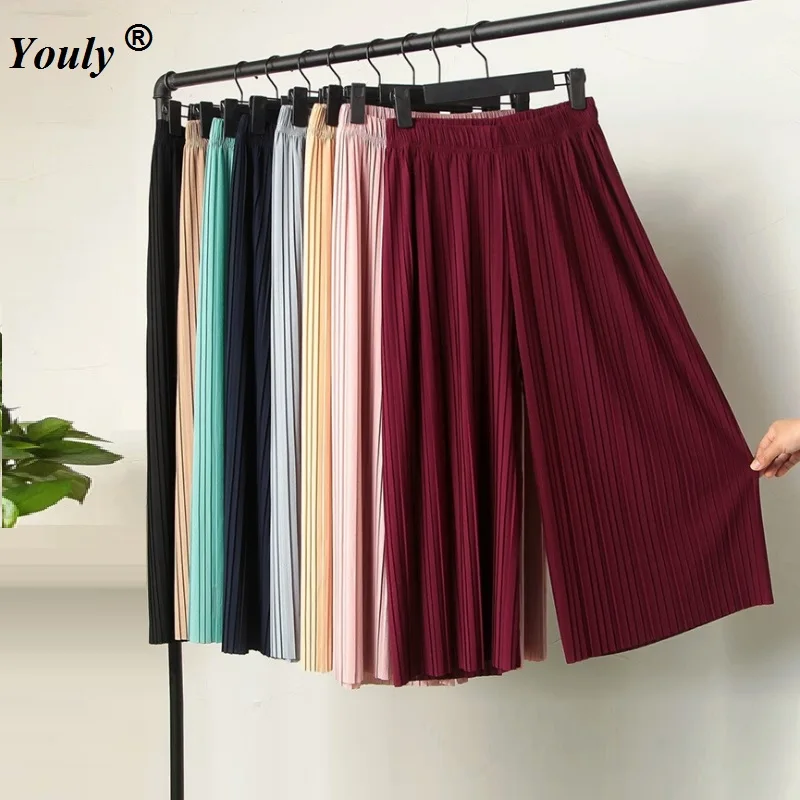 Women Ladies Pleated Wide Leg Pants Summer Casual Loose Solid Chiffon Trousers Stretch Waist Boho Pants OL Pantalon Capris