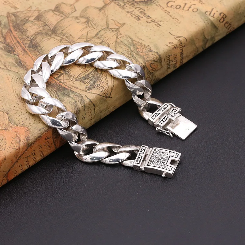 

Wholesale S925 Sterling Silver Fashion Jewelry 12MM Wide Men's Retro Thai Silver Double Insurance Bracelet&Bracelet Homme