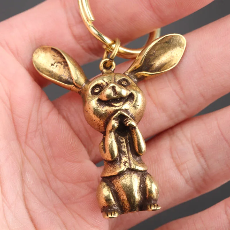 Copper Rabbit Small Keychain Pendants Solid Brass Rogue Rabbit  Key Chains Hanging Ornament Metal Antique Animal Key Ring Holder