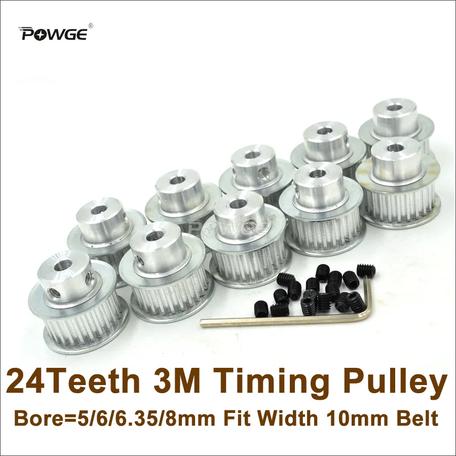 

POWGE 50pcs 24 Teeth HTD 3M Timing Pulley Bore 5/6/6.35/8mm Fit Width 10mm HTD3M Belt 24T 24Teeth 3M Pulley CNC Engraving