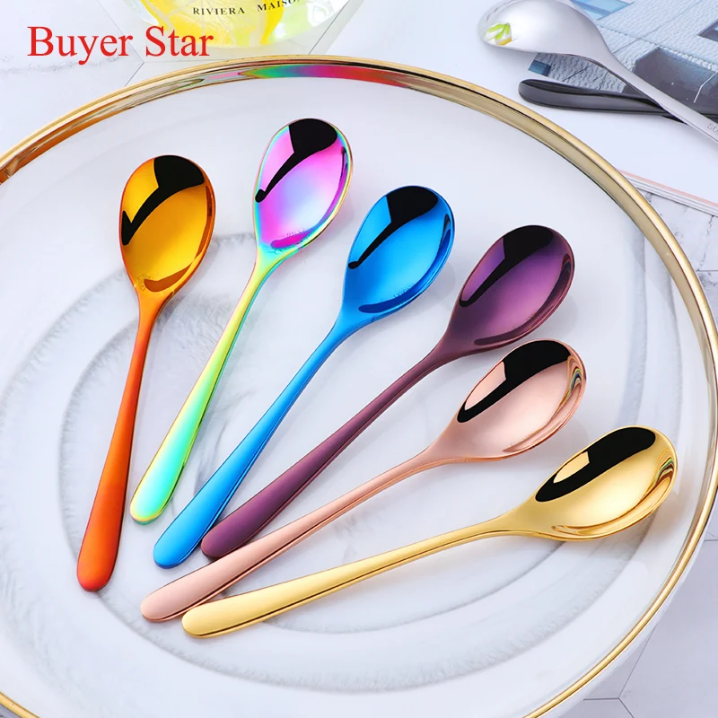 

4 Pcs Stainless Steel Dessert Spoons Colorful Tableware Cutlery For Child Stir Tea Fruit Soup Scoop Kitchen Flatware Dinnerware