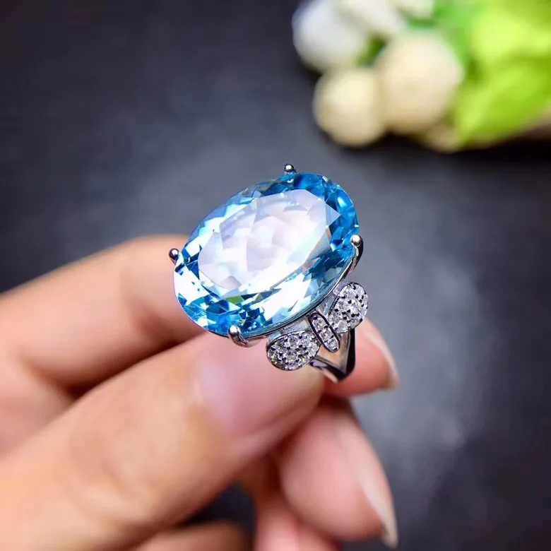 

big size clear sky blue Topaz gemstone ring real 925 silver natural gem girl party gift lucky birthstone