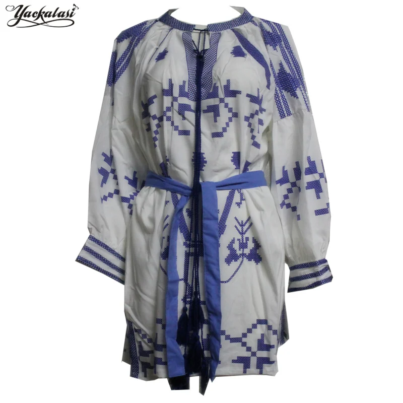 Vestido De Festa Ukraine Vestido Yackalasi Women Dress Bohemian Belt Sashes Summer Print Floral O-neck Long Sleeve Tribal