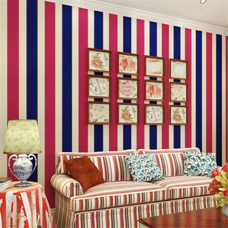 wellyu  Non-woven wallpaper bedroom backdrop British style red and blue vertical striped wallpaper warm environment