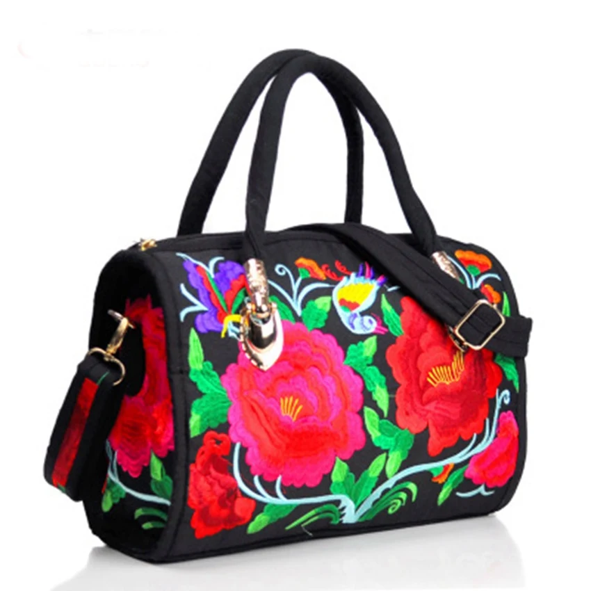 Retro ethnic embroidery flower portable slung dual-use drum bag canvas embroidery flower cloth bag travel shoulder portable hand