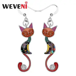 WEVENI Enamel Alloy Rhinestone Closed Eyes Cat Hipster Earrings Drop Dangle Fashion Animal Pet Jewelry Women Girls Birthday Gift