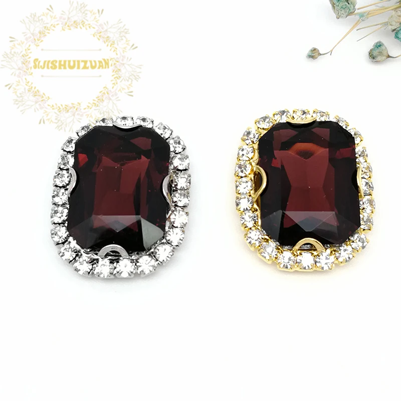 Shiny Wine Red Rectangle Shape Glass Crystal Sew On Rhinestones Gold/Silver Bottom With Crystal Buckle Diy Wedding Dresss