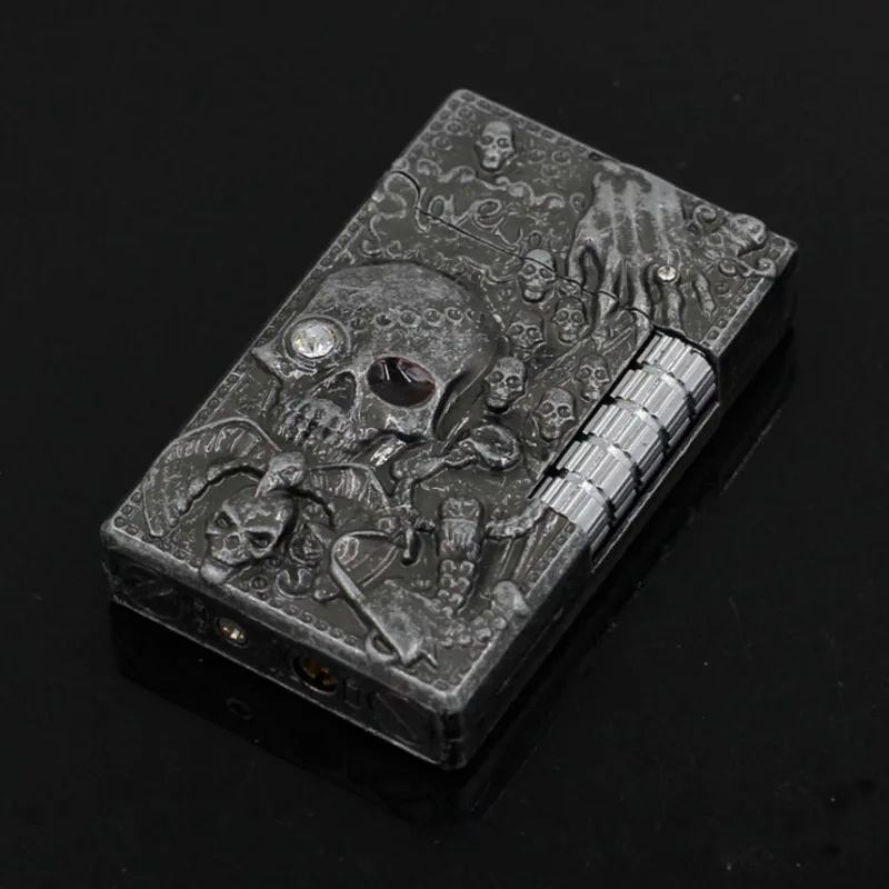 Unique Metal Skull Relief Windproof Cigarette Lighter PING Sound Grinding Wheel Refillable Butane Gas Lighter Smoker Gift