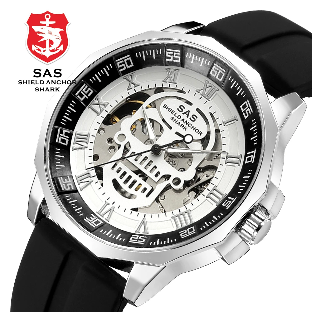 Shark Sports Watch Men Fashion 3D Skull Design SAS Shield Anchor Vintage Mechanical Watches Silicone Strap Skeleton Wirstwatch