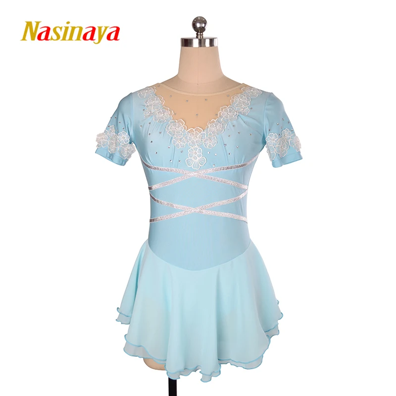 Nasinaya Figure Skating Competition Women's Children's Rhythmic Gymnastics Round Neck Short Sleeve Dress Light Blue Flower Dress