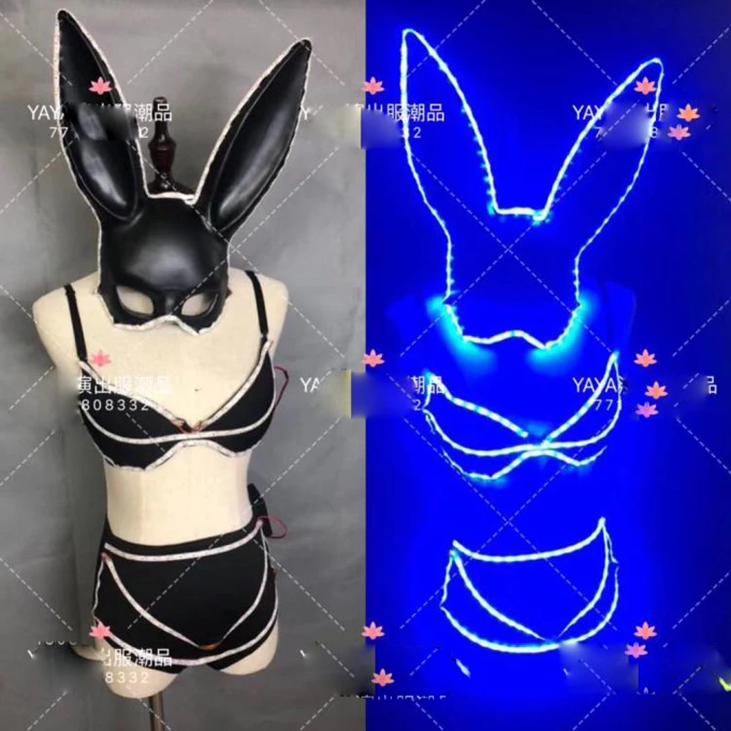 

LED Rabbit costume Nightclub gogo costumes sexy led luminous bikini + rabbit mask bar party female dj ds performance clothing