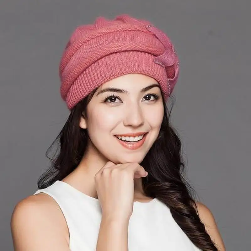 Women Knitted Hats Winter Thicken Double Layer Elegant Casual Rabbit Hair Blend Women\'s Hat Female Beanies M1527