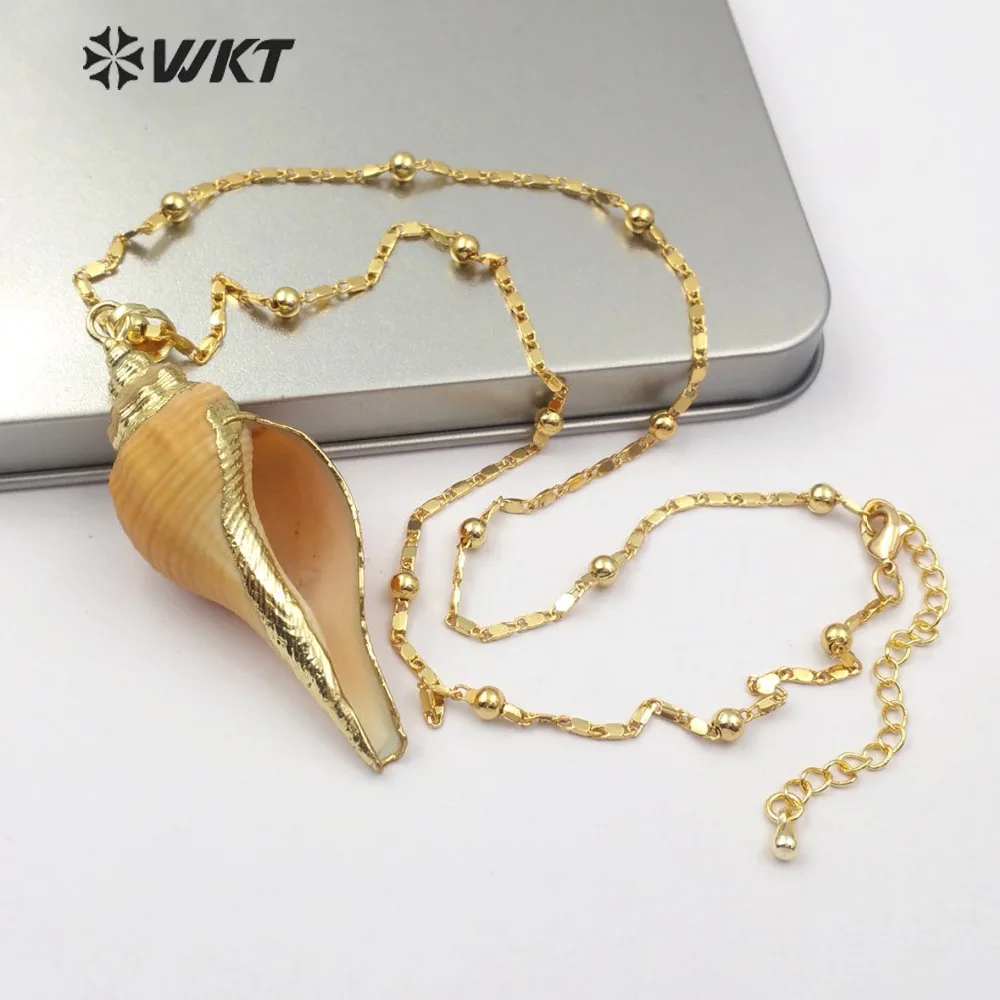 

WT-JN062 WKT Ethnic Natural Sea Trumpet Shell Pendants With 24K Metal Plated Simple ball beads chain Necklaces 18 inch necklace