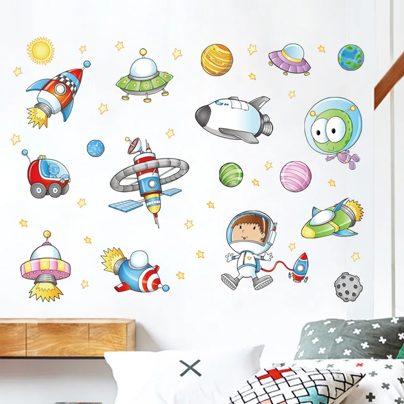 Space Astronaut Cartoon Wall Sticker Kids Room Outer Space Planet Galaxy Rocket Ship Decorative Wall Murals For Child\'s Favor