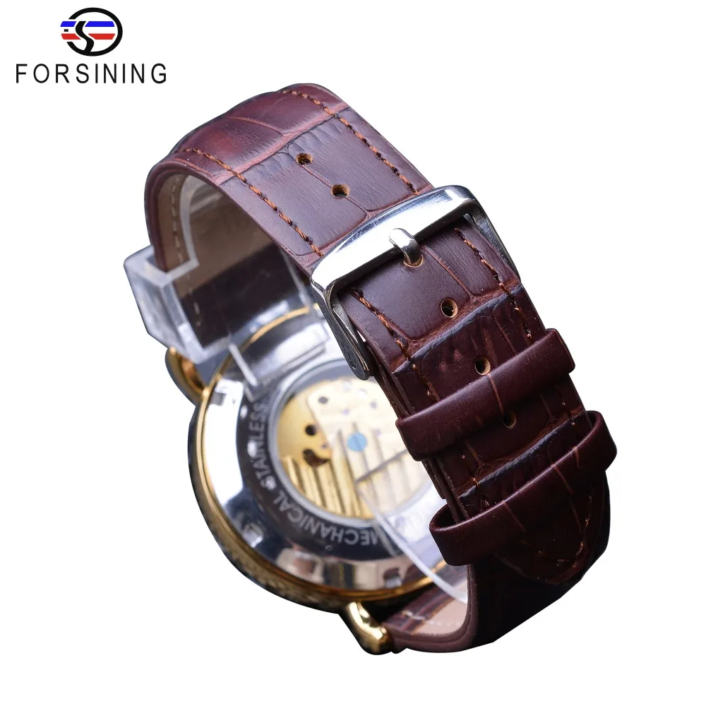 Forsining Luxury White Gold Display Brown Leather Moonphase Fashion Blue Hand Skeleton Waterproof Men Automatic Mechanical Watch