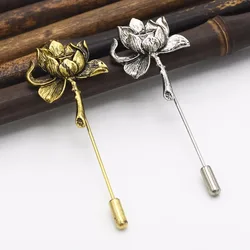 Vintage Gold Silver Color Lotus Pins Brooches For Women Long Flower Lapel Badge Men's Suit Collar Wedding Accessories Jewelry