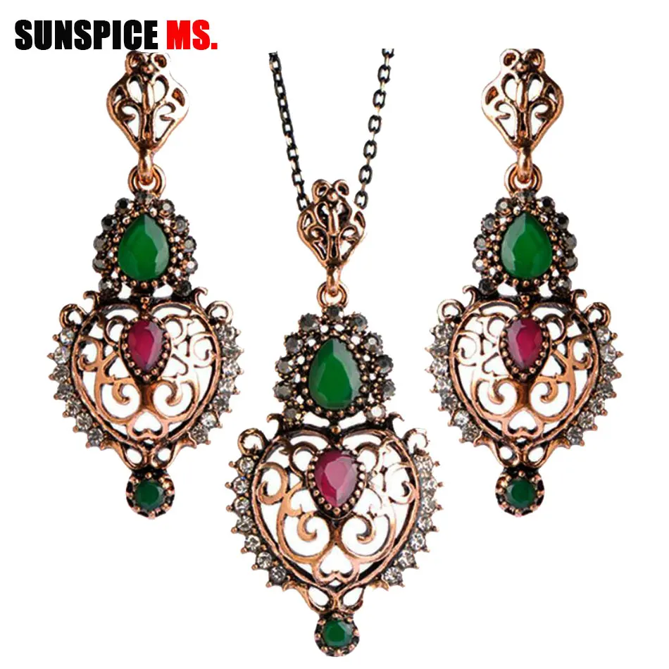 Sunspicems Antique Gold Color Turkish Women Flower Necklace Drop Earring Sets Metal Arabesque Arabic Ethnic Banquet Jewelry Gift