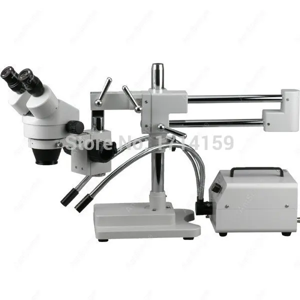 AmScope Zoom Binocular Stereo Microscope 3.5X-90X+ 150W Halogen Dual Gooseneck Lights on Double Arm Boom Stand