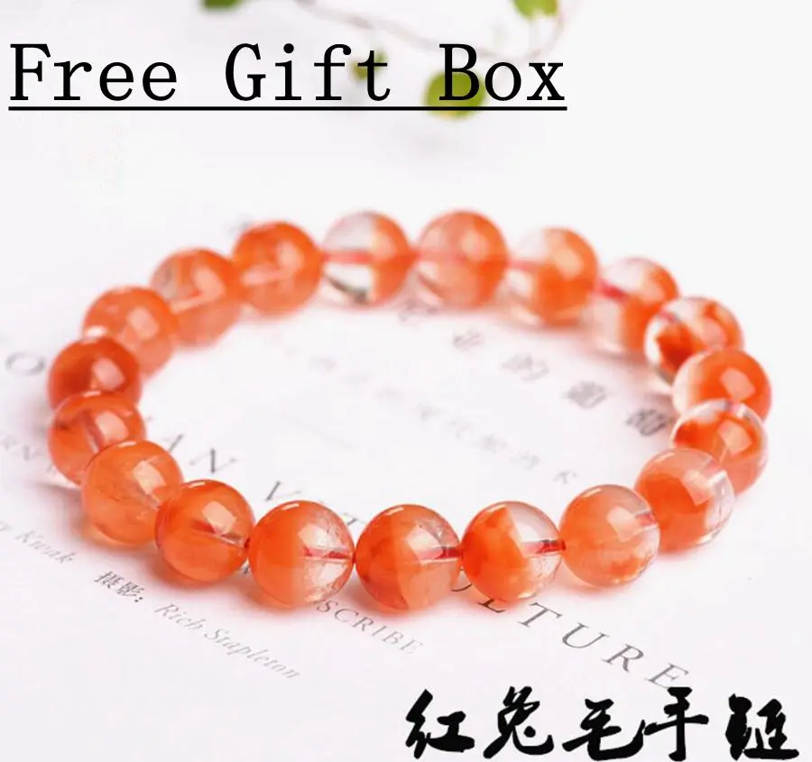 High-Grade Natural 7A+ Red Quartz Crystal Round Bead Stretch Charm Bracelet Women Femme 10mm Free Gift Box