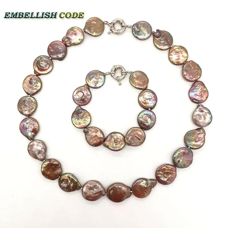 

baroque pearl choker statement necklace bracelet brown coffee color round coin Button flat shape natural freshwater pearls